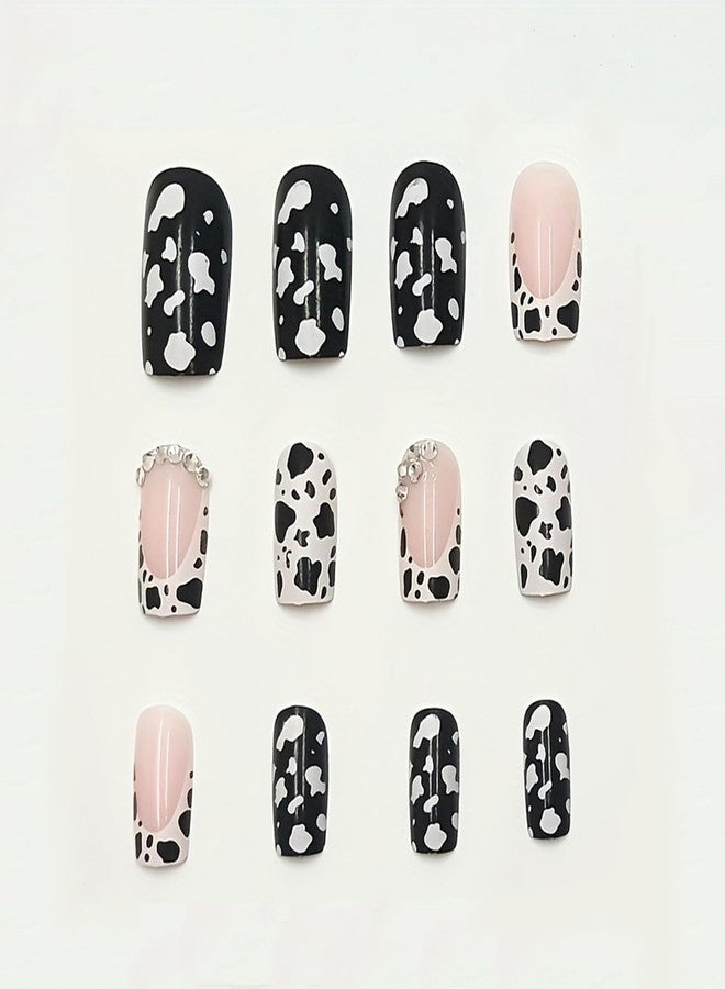 OCOUYVD 24 Pcs French Tip Press on Nails Short Square Shaped Fake Nails with Cow Print and Rhinestones Design Pink Glossy Leopard Acrylic Nails Full Cover Stick on Nail for Women Nail Manicure Decoration - Image 5